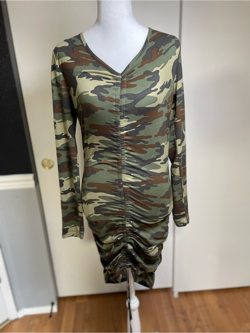 Ruched V-Neck Long Sleeve Camo Dress - Green Camo